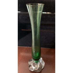 Vintage Bud Green Vase Round Weighted Clear Base Hand‎ Blown Swedish Made